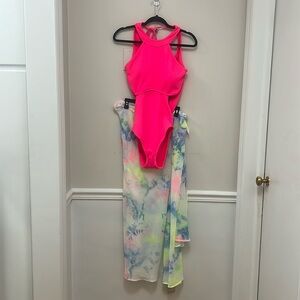 Pink one piece bathing suit with matching sarong